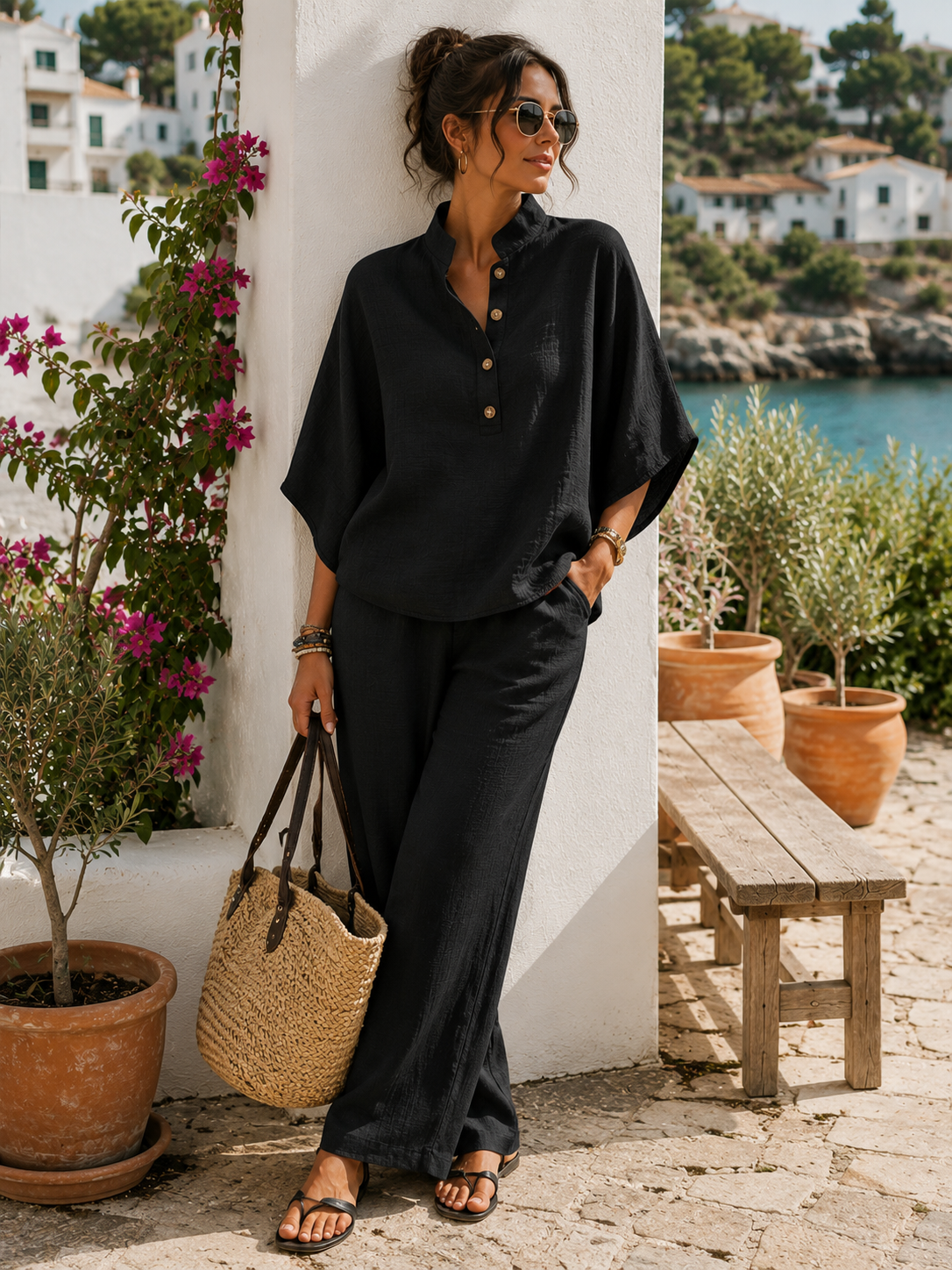 Ensemble en Lin Femme – Tunique Boutonnée & Pantalon Large