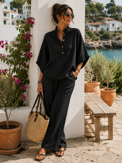 Ensemble en Lin Femme – Tunique Boutonnée & Pantalon Large